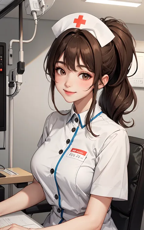 1lady solo, nurse, /(nurse uniform/), /(brown hair/) hair up, blush kind smile, (masterpiece best quality:1.3) delicate illustration ultra-detailed, large breasts BREAK /(hospital indoors/)