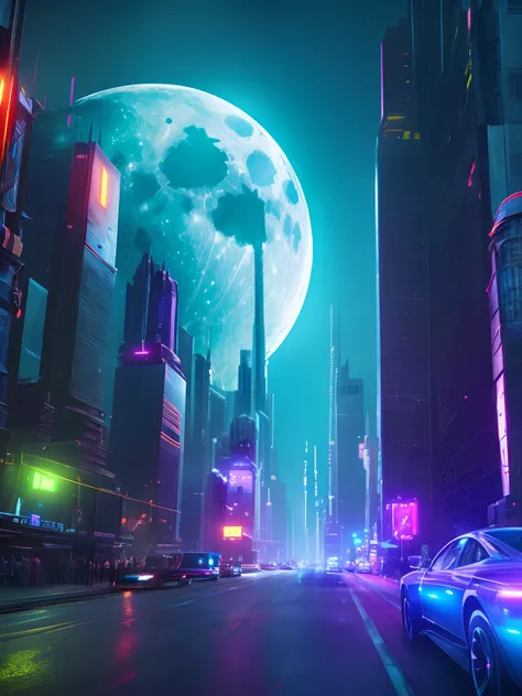 (highly detailed:1.2),(best quality:1.2),(8k:1.0),(emb-rrf-low:1.0),sharp focus,(award-winning photograph:1.2), (subsurface scattering:1.1), Futuristic cityscape with towering skyscrapers, neon-lit streets, flying cars, holographic billboards, and a full m...