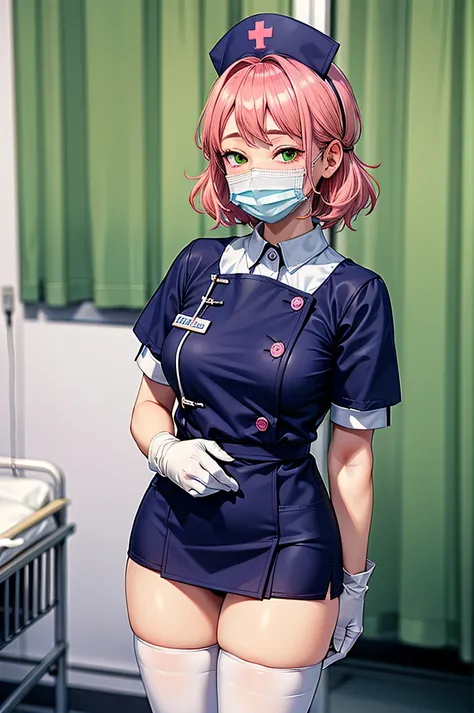 1woman, solo, nurse, nurse cap, white wear, ((white legwear, zettai ryouiki)), white gloves, pink hair, green eyes, drooping eye...