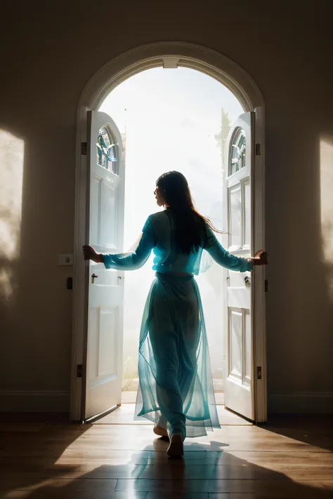 Create an image of a person walking through a door with a mystical air. The door is made of magic glass and is shrouded in a bright, multicolored mist. A person is walking through the door with open arms. Ao fundo, A backdrop of soft light and mystical bac...