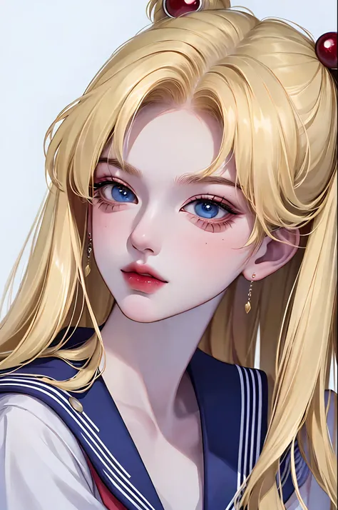 1 girl, Absurdres masterpiece HDR high quality portrait of sailor moon a beautiful girl with beautiful blonde hair and anime eyes pale lips wearing school uniform outfit in a white background