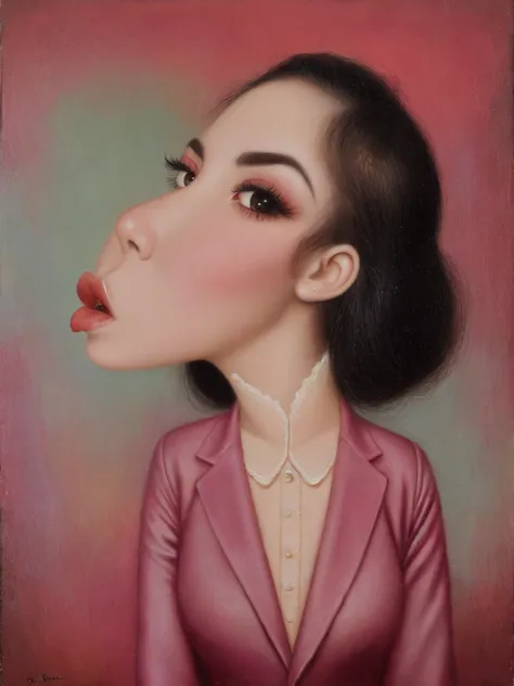 pintura de una mujer fea con las cejas muy gordas y peludas, estilo Mark Ryden, desnuda