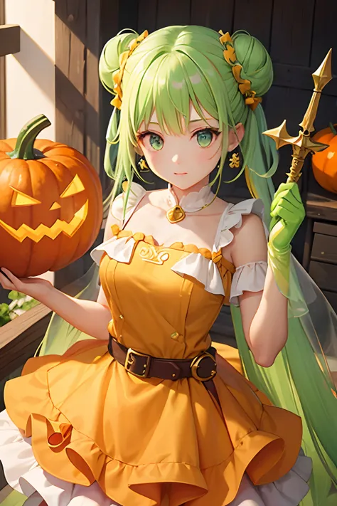 slime girl, (slime), Hair Mucus Double Buns Hairstyle, Pumpkin Orange, White princess dress with weapon belt, Masterpiece, Best Quality