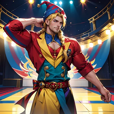 Guy wearing a primary color jester outfit, wearing a red, blue, and yellow jester costume, wearing jester hat, theatre stage background, male, sharp jawline, muscular, extremely long golden hair in a braid, manly, confident, bara art style, bara