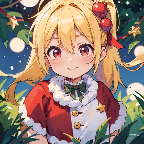 18 year old girl, Wearing a Santa costume、Blonde ponytail、Ahoge、big round red eyes、A slight smil、Laugh、small tits、Realistic painting in every detail, Christmas Outdoors、delicate detail、facial close-up