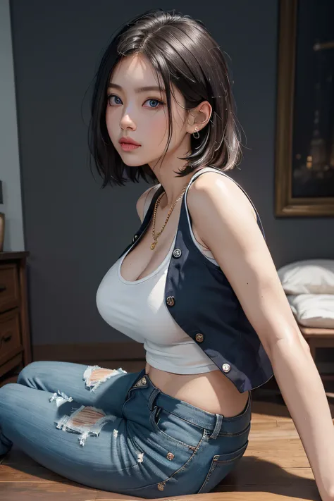 Best quality at best， A high resolution， Number 18， one-girl，Cyborg No. 18， 独奏， eBlue eyes， with short golden hair， thongs， denim pant， pearls necklace， bangle， black glove， white shirt， short detailed hair， short- sleeved， 耳Nipple Ring， blue pants， Open t...