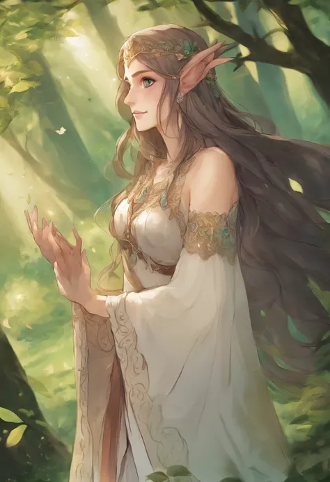 1 The elven girl held out a finger，Point forward，standing on your feet，1 wolf，The background is forest，facing at camera，Faraway view，Long shots