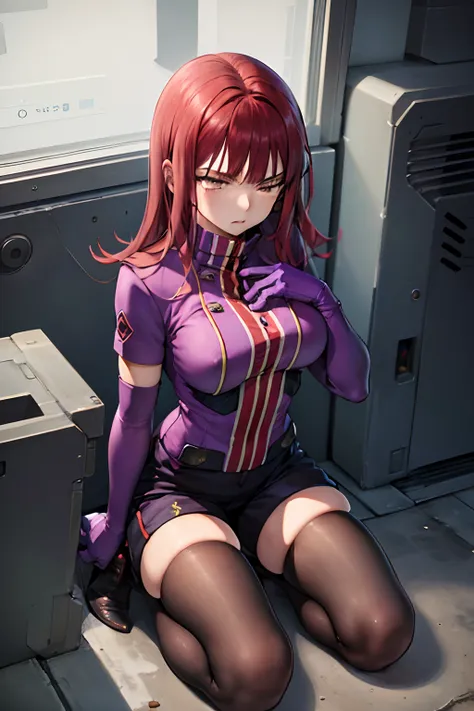 masutepiece, Best Quality, absurderes, Perfect Anatomy, 1girl in, Solo, Yoko Katori, Long hair, purple thighhighs, elbow groves, Purple gloves, Black shorts, uniform, thigh holster, Kneeling, embarassed expression、((Getting Caught by a Machine))