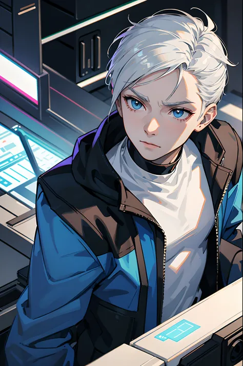 A 15-year-old teenage boy, a boy engineer and artificer, robot boy, height 1.6m, weight 60kg, pale skin tone, without a beard, without a goatee, no facial hair, no body hair, white hair color, straight hair, pointed ears, futuristic black jacket, cyberpunk...