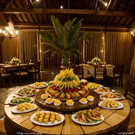 Buffet de casamento com frituras na praia de Ilhabela, north coast of São Paulo, with several guests and the many tables decorated with a tropical theme and several tables, Perfect with various types of golden food, muito saborosa e suculenta, Enjoyable wi...