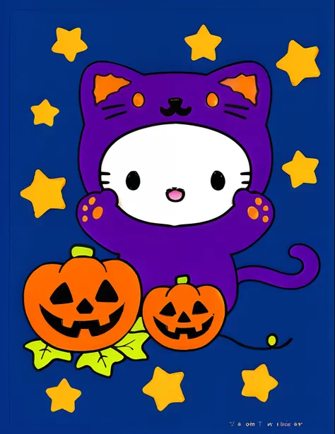 Close-up of a cat with a pumpkin and a star, Halloween Art Style, in a halloween style, sanrio, halloween theme, purple cat, Halloween, digitally colored, kemono, Trick or treat, Kawaii cat, Spooky Halloween theme, Celebrating Halloween, halloween night, c...