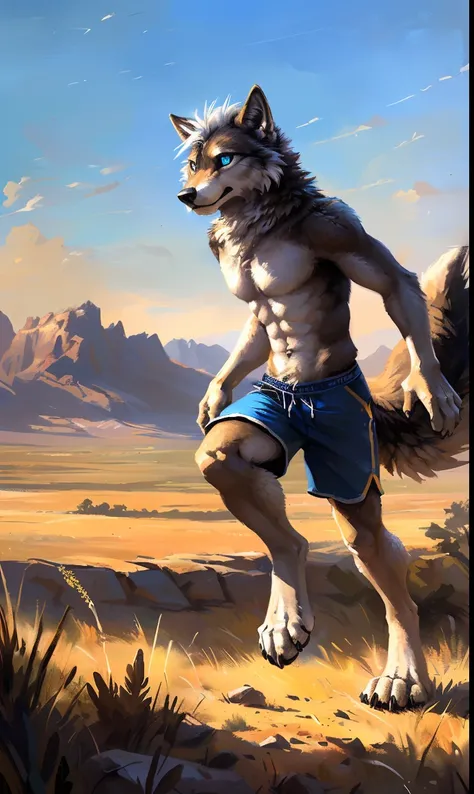 ((Solo)), male people, anthro wolf, (Multi-colored fur, White-brown:1.3，White tail pointed), (Height 2.1m,Tail length 1.2m), ((Wolf face, White hair, Big eyes, White eyelids, Blue pupil, Slim:1.2) (Tough, Calm expression:1.2)), Abs, Slim, pinging)), (Corre...