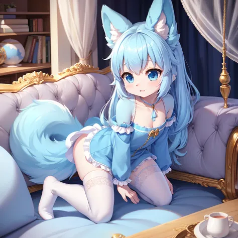 Smooth and fluffy powder blue animal ears adorn this adorable character，This 8k HDR image is rendered in the best quality。She is petite and delicate，Kneel on the sofa，Her expression was flat，Fold your hands on your knees，The shaggy tail wags non-stop。She w...