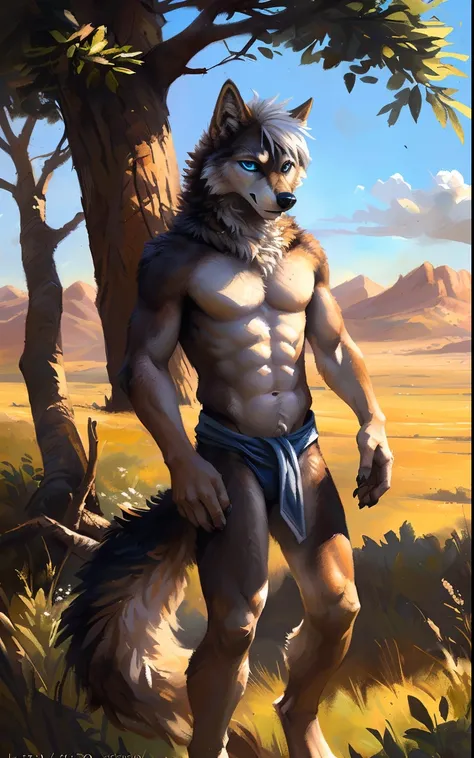 ((Solo)), male people, anthro wolf, (Multi-colored fur, White-brown:1.3，White tail pointed), (Height 2.1m,Tail length 1.2m), ((Wolf face, White hair, Big eyes, White eyelids, Blue pupil, Slim:1.2) (Tough, Calm expression:1.2)), Abs, Slim, pinging)), (Corre...