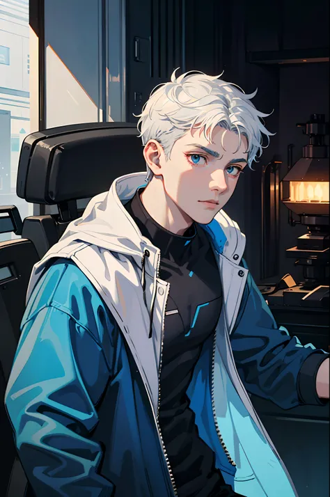 A 15-year-old teenage boy, a boy engineer and artificer, robot boy, pale skin tone, without a beard, without a goatee, no facial hair, no body hair, white hair color, straight hair, pointed ears, futuristic black and blue jacket, cyberpunk black and blue c...