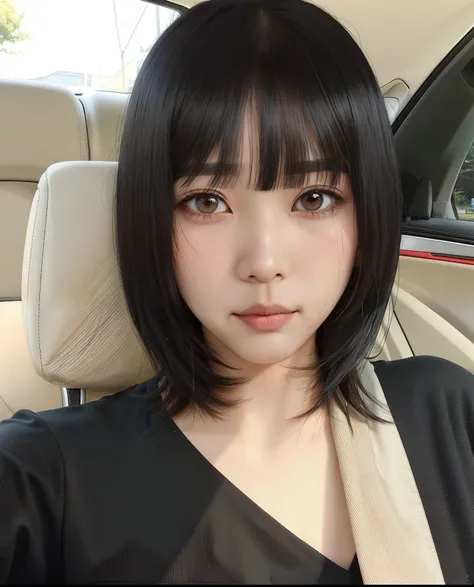 Arafed asian woman with black hair and bangs in a car, Sui Ishida con cabello negro, Yoshitomo Nara, Chiho, Cabello negro Hime cortado, El Corte Hime, Ella tiene el pelo negro con flequillo, Shiori Teshirogi, con el pelo corto, Yuuka Kazami, Chiho Ashima