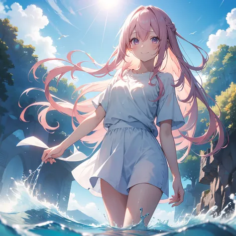 (masutepiece,Best Quality,8K),(extremely detailed CG1.1),Girl standing on the surface of the water emitting a beautiful light,Smile,(From below:1.2),Intricate details , Hyper realistic, Perfect Anatomy,A pink-haired,Twin-tailed,Purple eyes,Permed hair with...