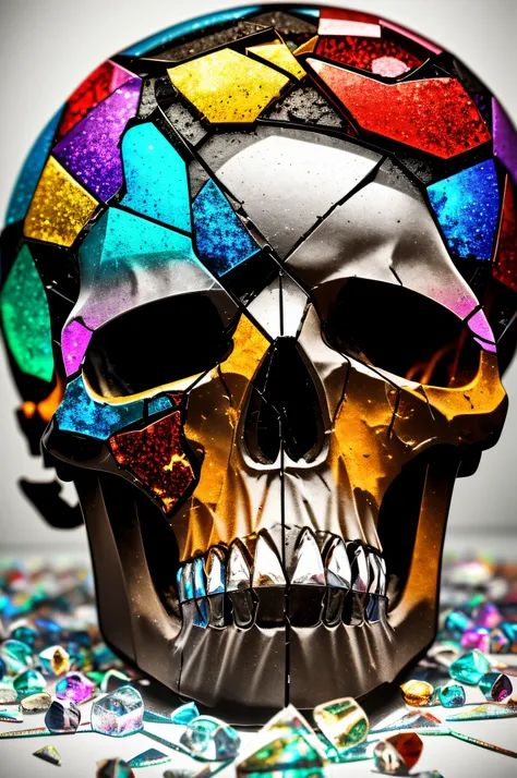 A gorgeous and detailed skull made of broken glass of all colors in the "gasoline" style, its detailed and beautiful*