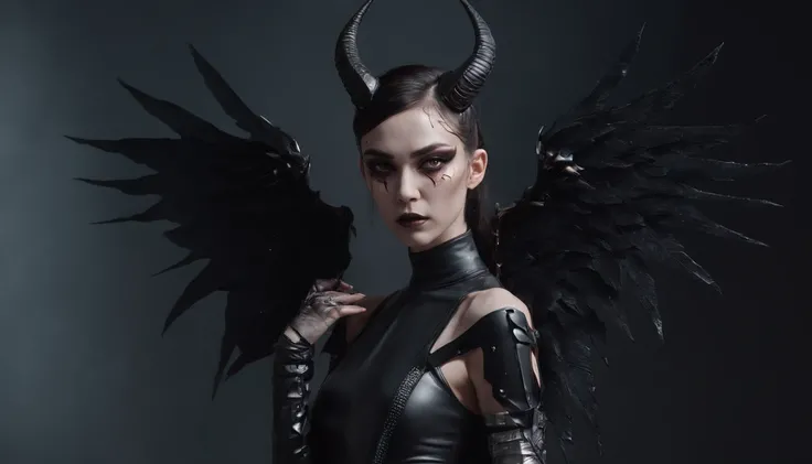 horned demon woman with black wings dressed in futuristic leotard in a post-apocalyptic scenario, dark background, cyberpunk fallen angel, darksynth aesthetic, horror cyberpunk, ultradetailed, masterpiece.