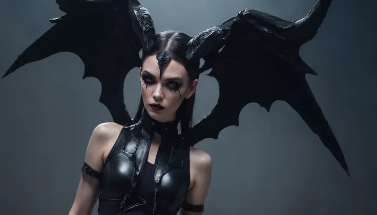 horned demon woman with black wings dressed in futuristic leotard in a post-apocalyptic scenario, dark background, cyberpunk fallen angel, darksynth aesthetic, horror cyberpunk, ultradetailed, masterpiece.