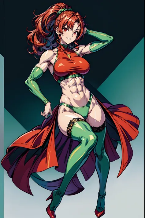 masterpiece:2, best quality:2, highly detailed:2, 8k, horror background, anime, 1girl(20-year-old, diva, grinning, evil, athletic:1.2, muscular:1.2, abs:1.2, long legs:1.4, curly red hair, big breasts, green stockings, green thigh boots with high heels, re...