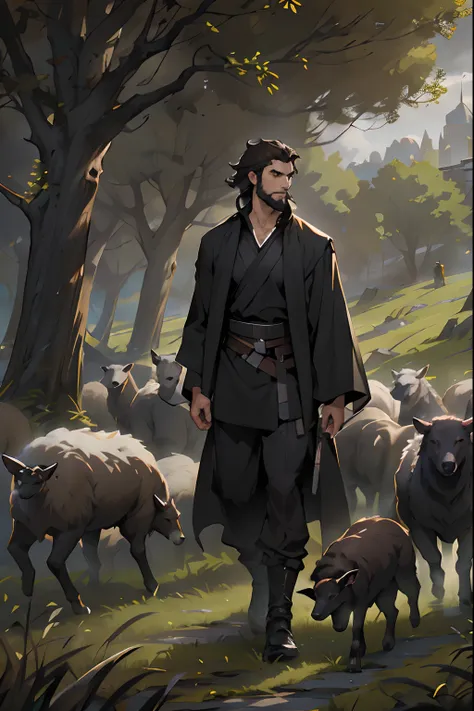 black clothes, similar to a Jedis outfit.black cloth clothes NO WEAPONS The character is a tall young man with a short beard. dark brown hairs escorting a small flock of sheep with some wolves in the background. In case youre thinking of a background, a fo...