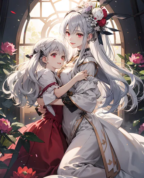 ​masterpiece、top-quality、超A high resolution、2D Beautiful Girl、animesque、teens girl、Silvery hair、Fluffy hair、Peony hair ornament、Beautiful red eyes、The clothes are also depicted in detail、Eyes are depicted in detail、The face is depicted in detail、sorcerer、s...