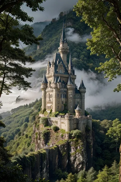 imagine prompt: A grand, centuries-old castle perched on a cliff, surrounded by lush, misty forests, the castles turrets adorned with pennants, a sense of regal history and opulence, Photography, full-frame DSLR camera with a wide-angle lens, --ar 16:9 --v...