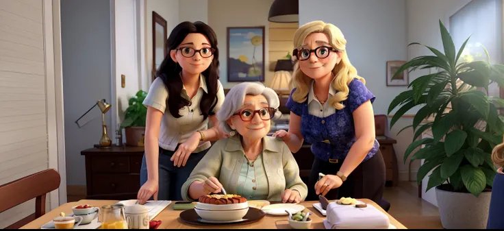 Three generations of women from the same family. A 90-year-old grandmother celebrating her birthday with a chocolate cake in front of her, A yellow-blond haired mother, Glasses and 50 years, and a granddaughter with black hair and big glasses who is 29 yea...