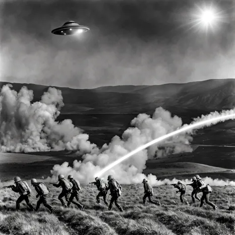 soldiers run towards a large object in a field with smoke, ufo attack, aliens invading earth, dogfighting a ufo with lasers, ufology, retro sci - fi picture, ufo aliens, ufo landing, ufos, ufo abduction, war of the worlds, alien abduction, war photo, alien...