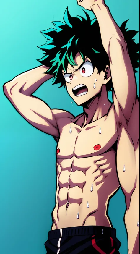 1boy, midoriya izuku, bare shoulders, bare chest, shirtless, raising his hand, (armpit:1.3), seen from the side,  green hair, green eyes, eyebrows, freckles, furrowed brow, rain, boku no hero academia, curly hair, highres, male focus,(slim body, skinny bod...