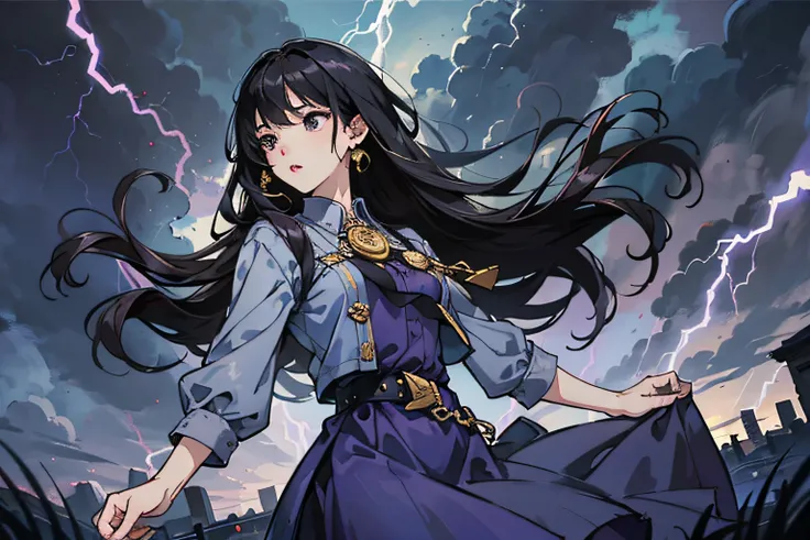 masterpiece, best quality, intricate details, girl, long hair, black hair, black eyes, storm clouds, lightning, flashes of light, belt, quilted long grey and purple dress, blue brooch,