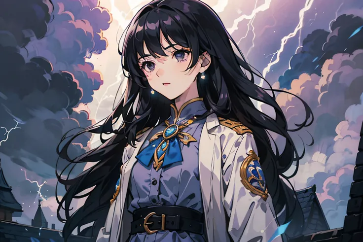 masterpiece, best quality, intricate details, girl, long hair, black hair, black eyes, storm clouds, lightning, flashes of light, belt, quilted long grey and purple dress, blue brooch,