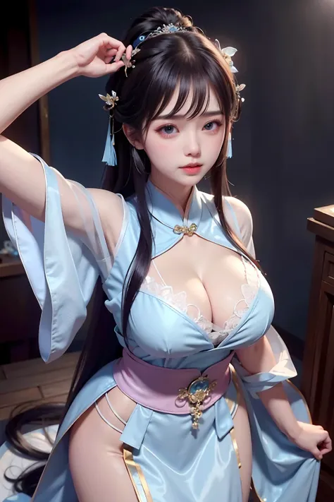 Wet-breasted Hanfu  dynasty open V-chested clothes royal, All pictures, Wet body of thin silk fabric, Thin silk lace petticoat,princess 8 yeald old cute, (huge boobs，cleavage),petticoat, white pink, blue ，best qualtiy，tmasterpiece，超高分辨率，（真实感：1.4），RAW photo...