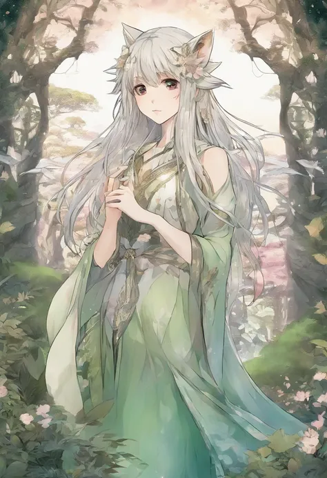 1 The elven girl held out a finger，Point forward，standing on your feet，1 wolf，The background is forest，facing at camera，Faraway view，Long shots