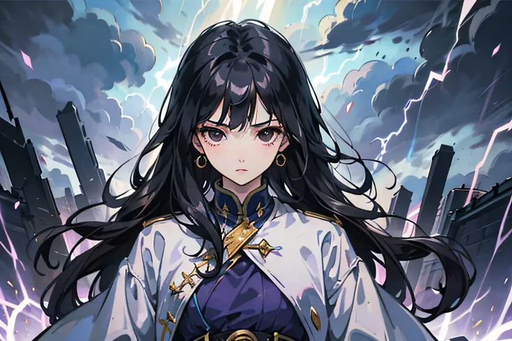 masterpiece, best quality, intricate details, girl, long hair, black hair, black eyes, storm clouds, lightning, flashes of light, belt, quilted long grey and purple dress, blue brooch,