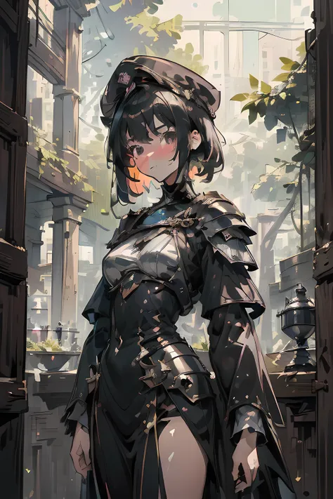 (best quality,4k,highres,ultra-detailed,masterpiece:1.4),(impressionism:1.4), Cool anime Girl, black short hair, black hair, bangs, 21 years old, mature, young, black clothes, black uniform, black cap, military school beauty Heroic and heroic indoor backgr...