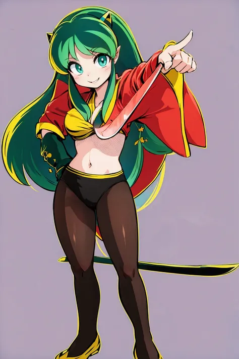 lum, , superhero costume, urusei yatsura, cloak, pants, pullover, kimono,martial pov,, pantyhose, sharpteeth, standing,smile, matial art, sword holding