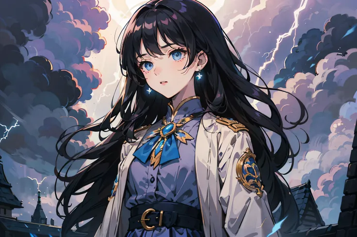 Masterpiece, Best quality, Intricate details, long whitr hair, Blonde hair, Blue eyes, dark cloude, Lightning, Flashes of light, robe, Blue brooch,