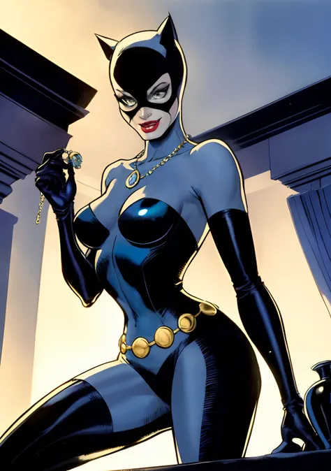 A ladra da Catwoman estilo DC Comics by Jim lee, Catwoman robbing Wayne Manor em uma party, With a Catwoman, Jewelry & Diamonds.