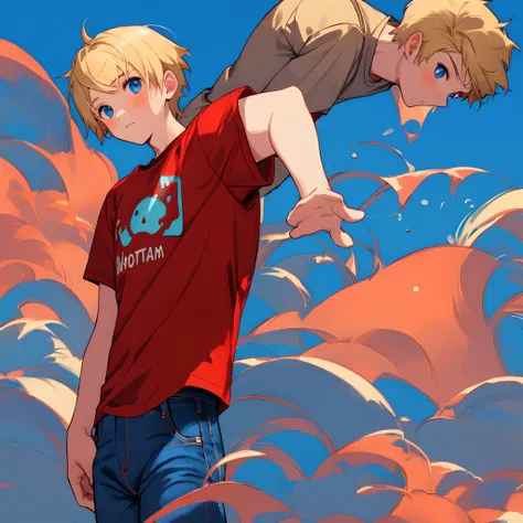 Boy with short blonde hair with red school shirt on with blue eyes blue jeans