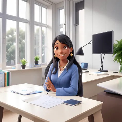 Dark-skinned woman. She is half Japanese, her hair is straight, black to the side, she is wearing blue clothes and small earrings, she is smiling, she is in an office