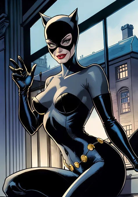 a ladra da catwoman estilo dc comics by jim lee, catwoman robbing wayne manor em uma party, with a catwoman, jewelry & diamonds.