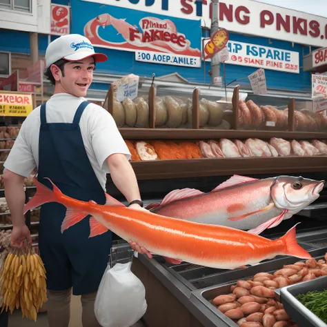 Fish monger throwing a giant fishstick at pikes place