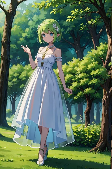 Young dryad in the middle of the skinny forest in transparent dress wearing a small white heel chanel hair