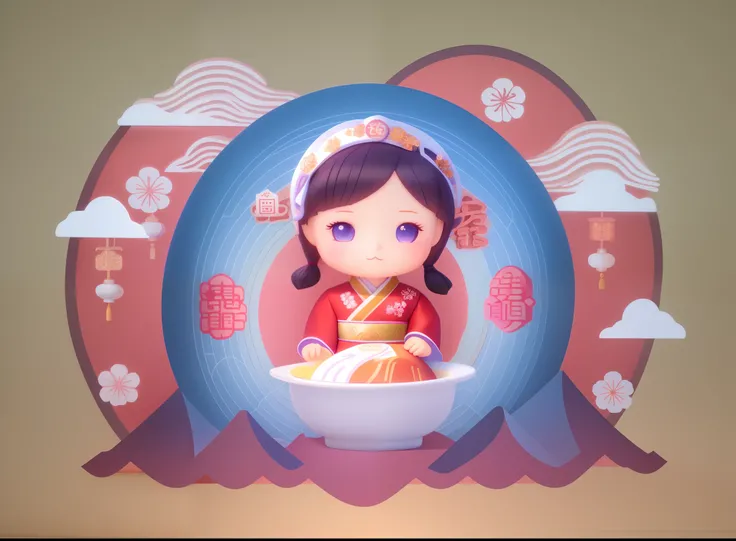 There is a cartoon girl holding a bowl of food in front of a mountain, pop japonisme 3 d ultra detailed, Cute Pocelain doll, Chinese girl, Cute detailed digital art, trending on cgstation, Palace ， A girl in Hanfu, cute 3 d render, mapo tofu cartoon, 3 D 插...