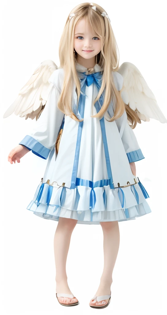 Arafed girl dressed in a white and blue dress, full - body majestic angel, loli in dress, cute girl, female angel, blonde girl with long hair