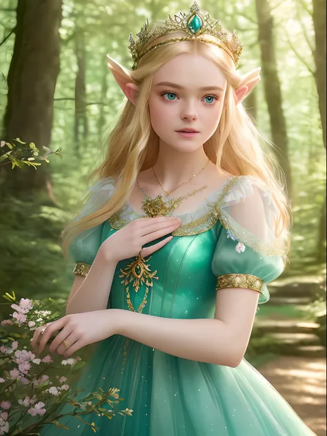 (best quality,4k,8k,highres,masterpiece:1.2),ultra-detailed,(realistic,photorealistic,photo-realistic:1.37),Elle Fanning as Princess Zelda in a perfect cosplay,detailed green tunic and hat,beautiful detailed eyes,beautiful detailed lips,long eyelashes,blon...