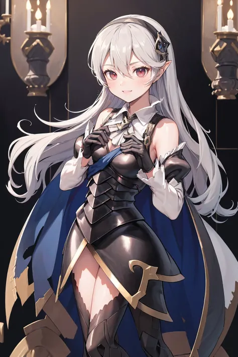 masterpiece, best quality, defCorrin, black hairband, armored dress, blue cape, puffy sleeves, juliet sleeves, vambraces, black gloves, armored legwear, upper body, looking at viewer, castle, gothic architecture, smile, sky, clouds, hands to heart full bod...