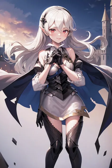 masterpiece, best quality, defCorrin, black hairband, armored dress, blue cape, puffy sleeves, juliet sleeves, vambraces, black gloves, armored legwear, upper body, looking at viewer, castle, gothic architecture, smile, sky, clouds, hands to heart full bod...